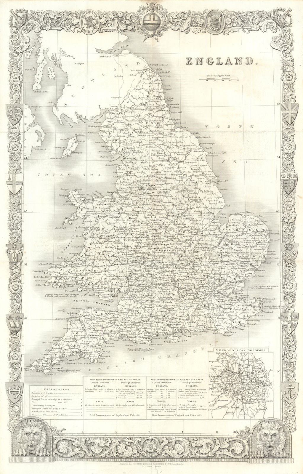 Map of England by Thomas Moule 1837 old antique vintage plan chart